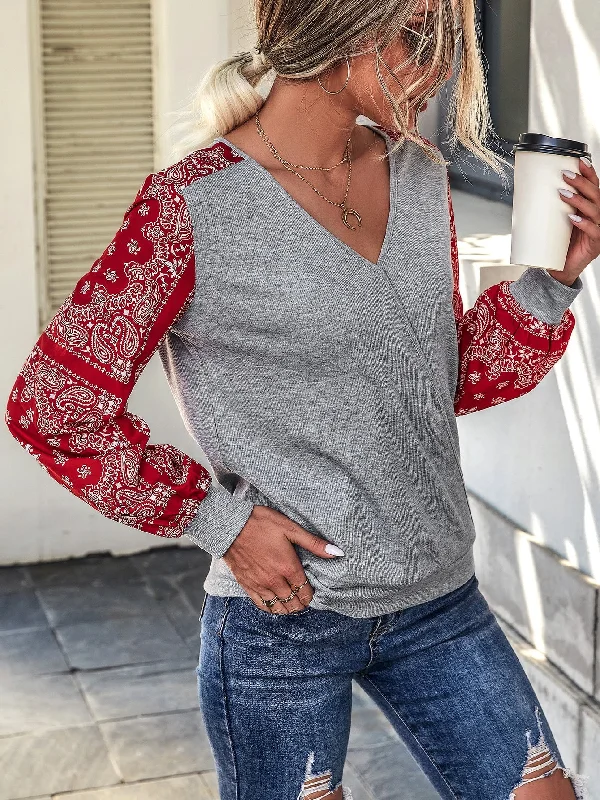 Casual Paisley Long Sleeve V Neck Regular Women Sweatshirt Elegant Women's 