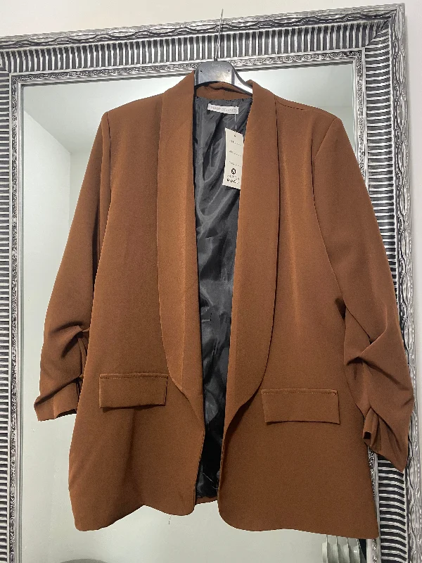 Brown ruched sleeve open blazer performance