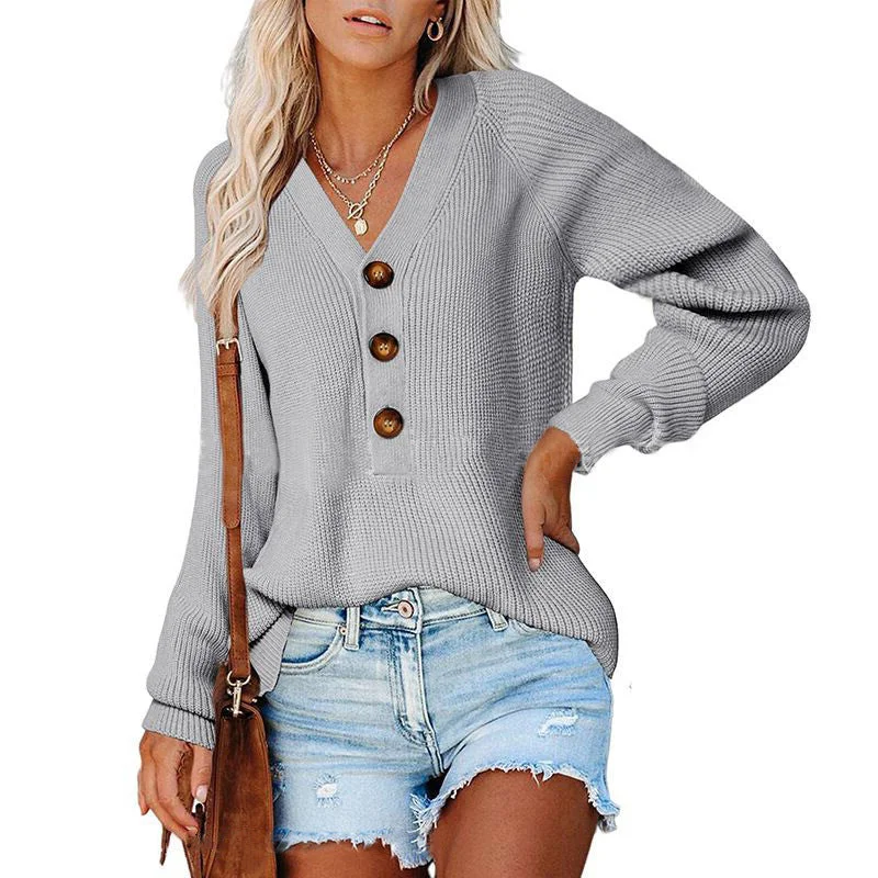 Temperament Long Sleeve Buttoned V-Neck Pullover Knit Sweater Wholesale Womens Tops Bold Women's Statement Temperament Long Sleeve Buttoned V-Neck Pullover Knit Sweater Wholesale Womens Tops Bold Women's Statement