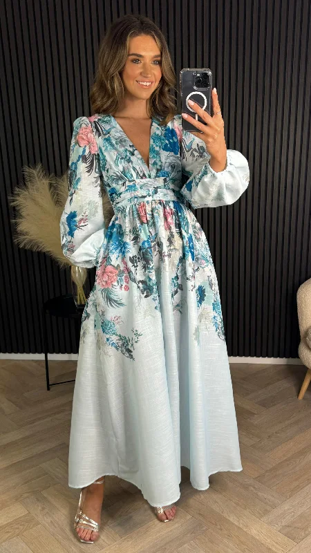 Louise Blue Floral Printed Midi Dress Dynamic Women's Moto