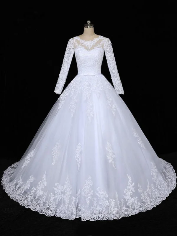 Glamorous Long Sleeves Lace Applique Tulle Wedding Dresses 24478211