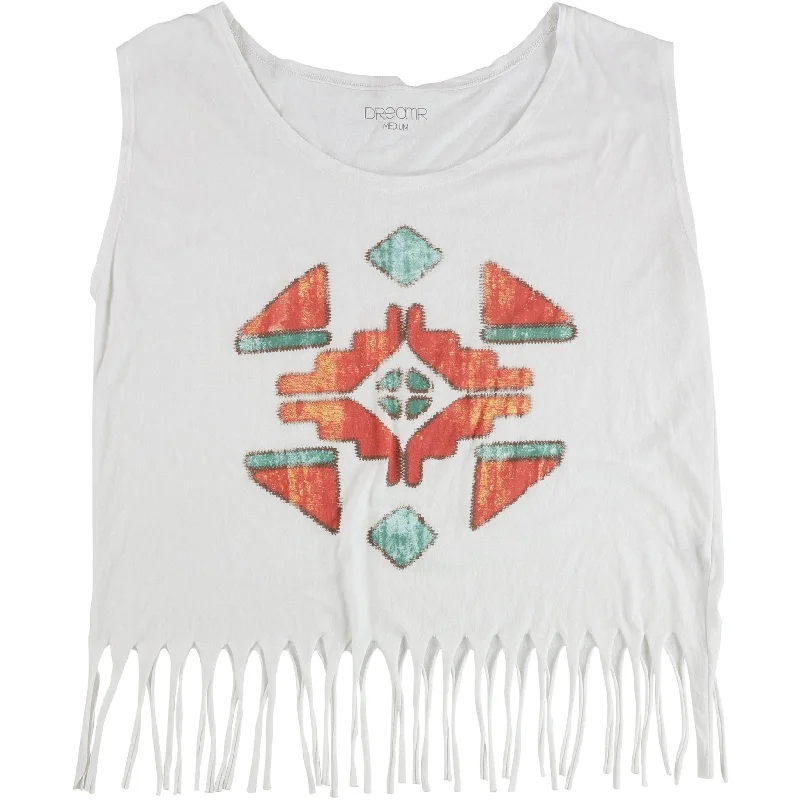 Dreamr Womens Pattern Fringe Muscle Tank Top, White, Medium Business