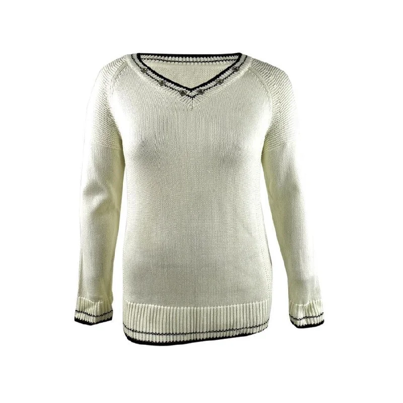 Calvin Klein Women's Lace-Up V-Neck Sweater L, Soft White Streetwear Style for 
