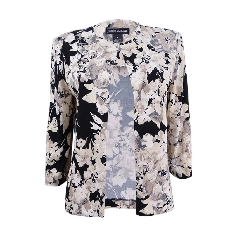Jessica Howard Women's Floral-Print Jacket 8, Black/Ivory Trendy Women's Oversized