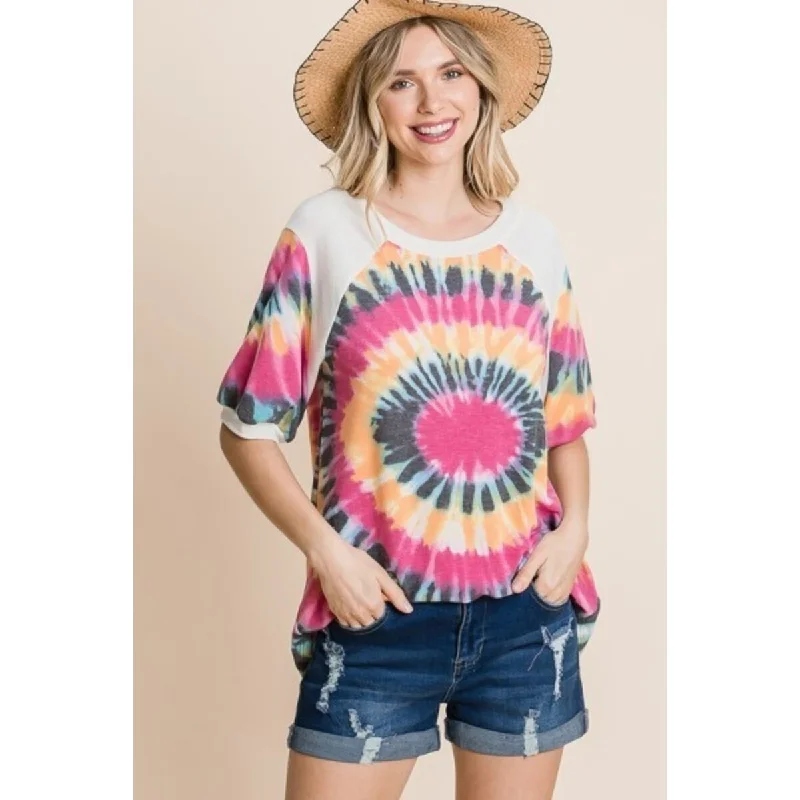 Fuchsia French Terry Tie-Dye Printed Casual Mini Bubble Sleeves Tunic Top Polished Women's Silk