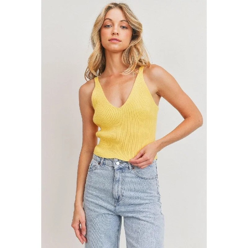 Sleeveless V-neck Rib Hem and Textured Knit Fabric Top Elegant Women's Formal 