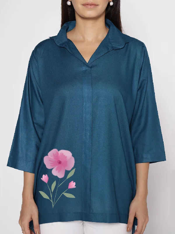 Teal Rayon ShirtTop - Ladin Artistic Women's Hand - painted