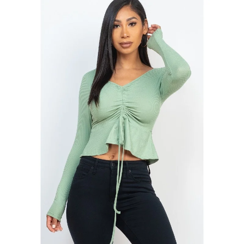Long Sleeve Peplum Top with Rubbed Drawstring Front Bold Women's Animal Print