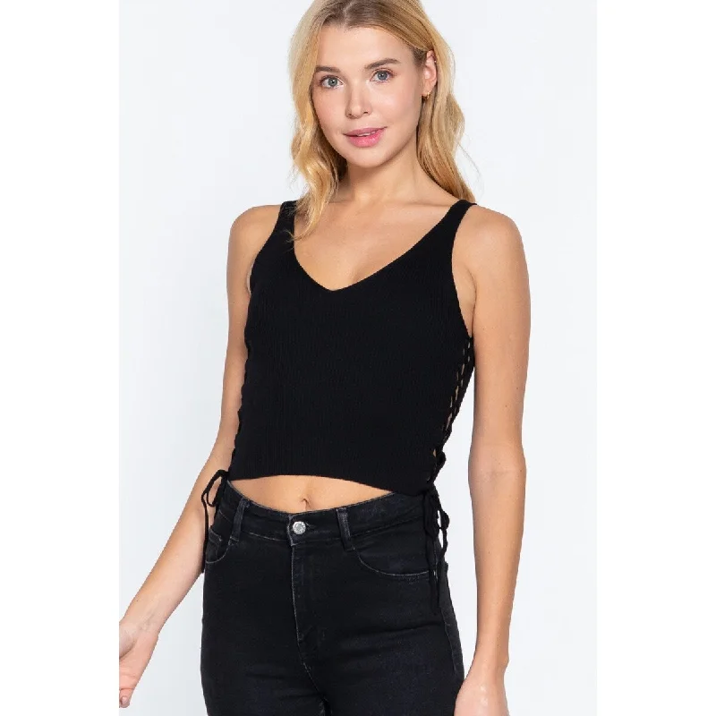 Black Side Ruched Sweater Top with V-Neckline for Any Event Stylish Women's Neon