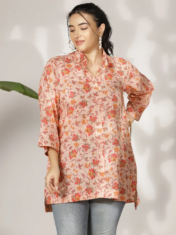 PeachFloral Cotton ShirtTop Classic Women's Tweed