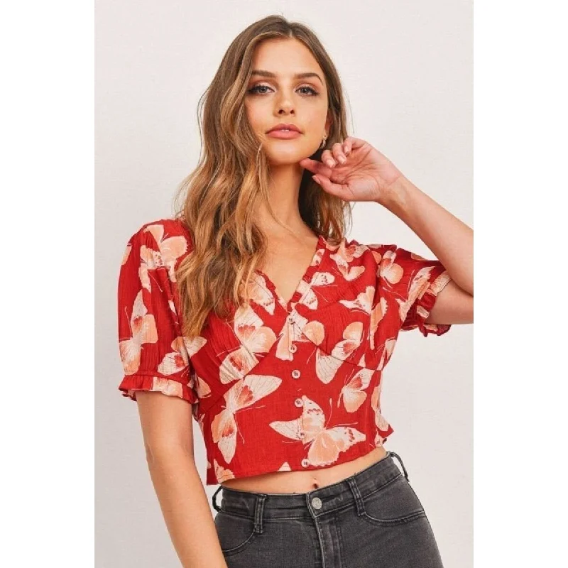 Butterfly Vneck Crop Smocked Back Waist Sustainable Organic