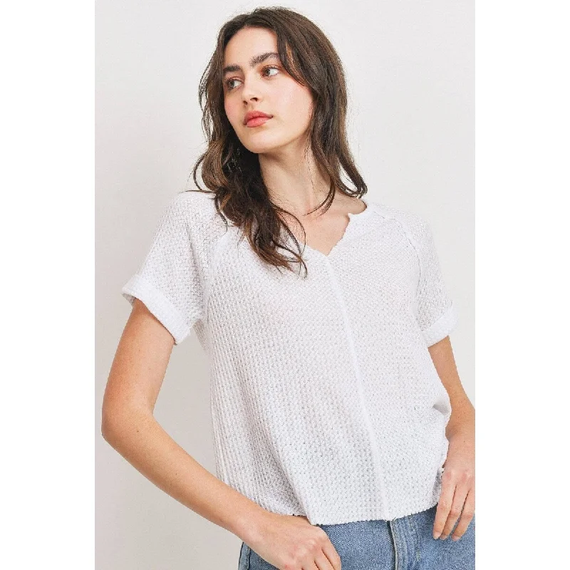 Marshmallow Polyester V-Neck Rolled Up Short Sleeves Top Youthful Women's Pop