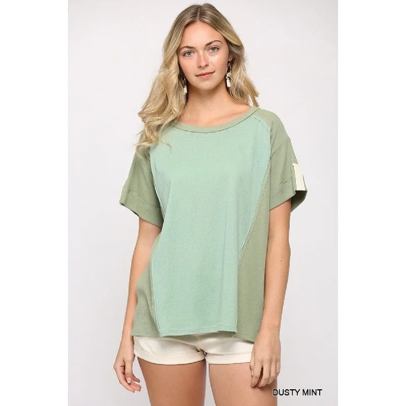 Ribbed and Solid Mixed Raw Edge Top Tough Women's Military - inspired