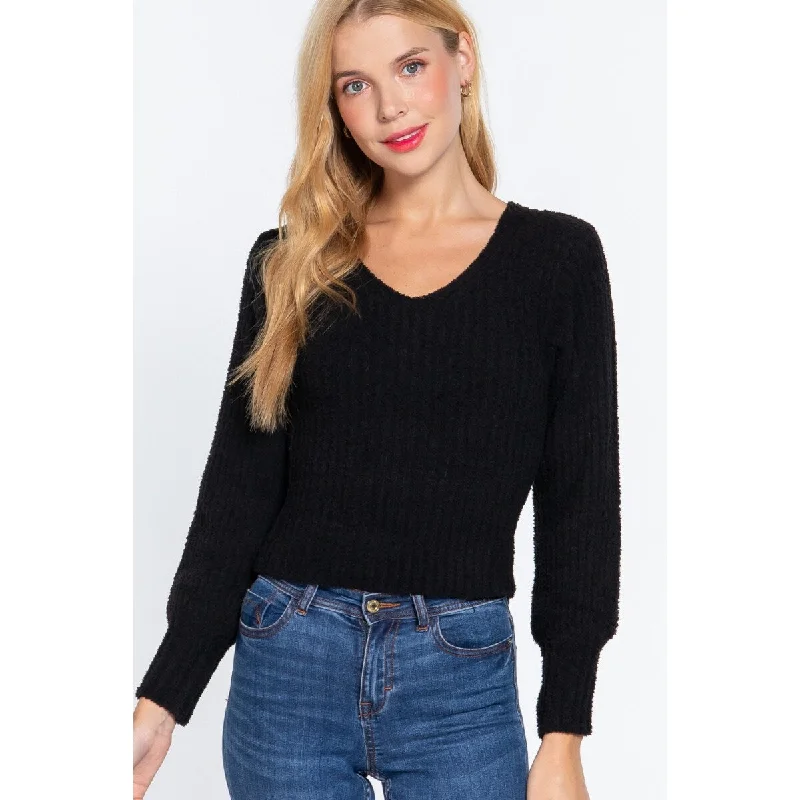 Long Puff Sleeve V-neck Rib Sweater Elegant Women's 