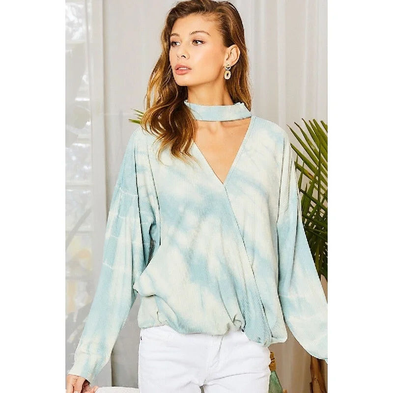 Blue Surf Polyester Hi-Lo Tie-Dye Top with Chocker Neck Surplice Compression