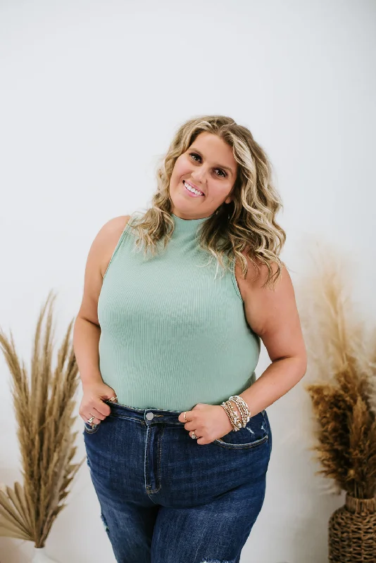 Time After Time Ribbed Mock Neck Tank, Sage Business