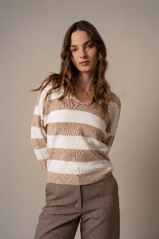 Striped Waffle V-Neck Pullover Feminine Women's Style 