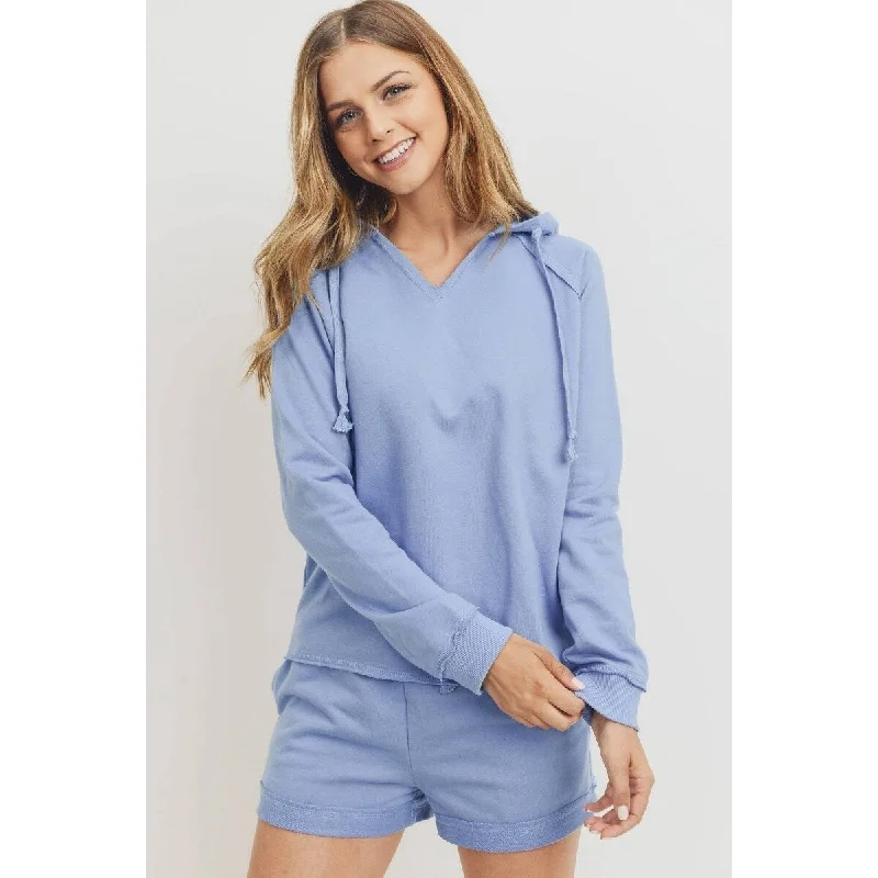 Denim-Multi Polyester French Terry Hood with V-Neck Long Sleeve Top Laid - back Women's Vibe Denim-Multi Polyester French Terry Hood with V-Neck Long Sleeve Top Laid - back Women's Vibe