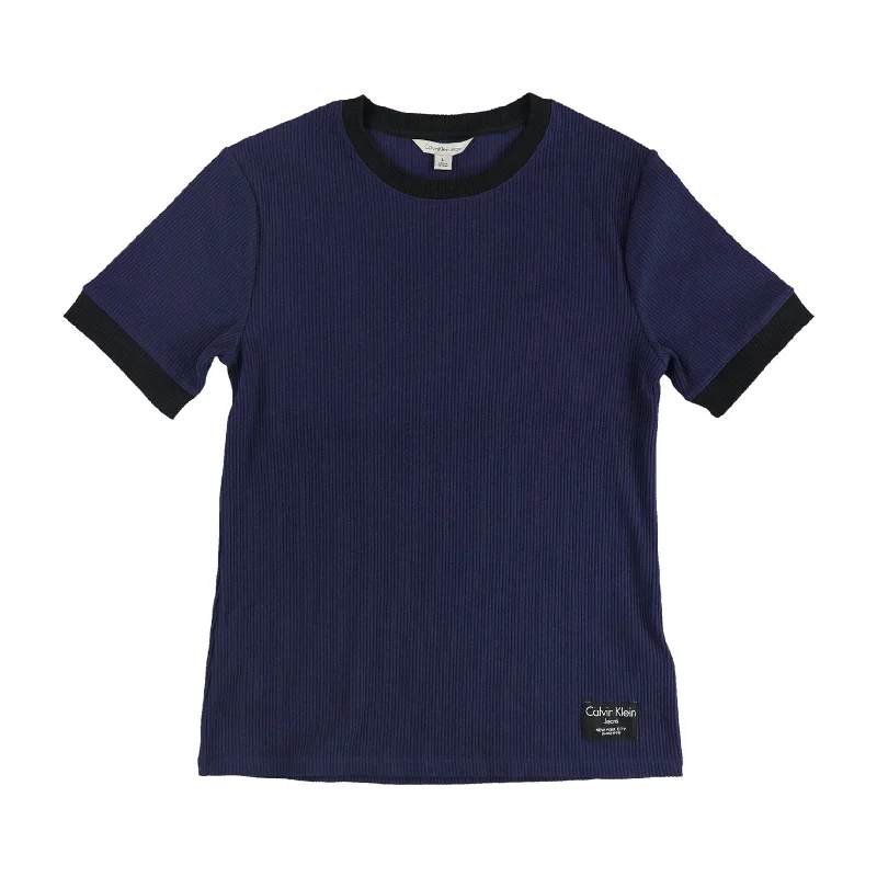 Calvin Klein Womens Ribbed 2-Tone Pullover Sweater, Blue, Large Compression