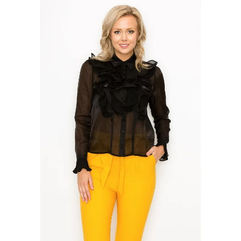 Black Polyester Ruffle Trim Long Sleeve Blouse Unique Women's Upcycled