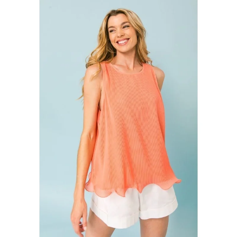 Coral Polyester Baby Pleated Sleeveless Top with Round Neckline Hip Women's Retro