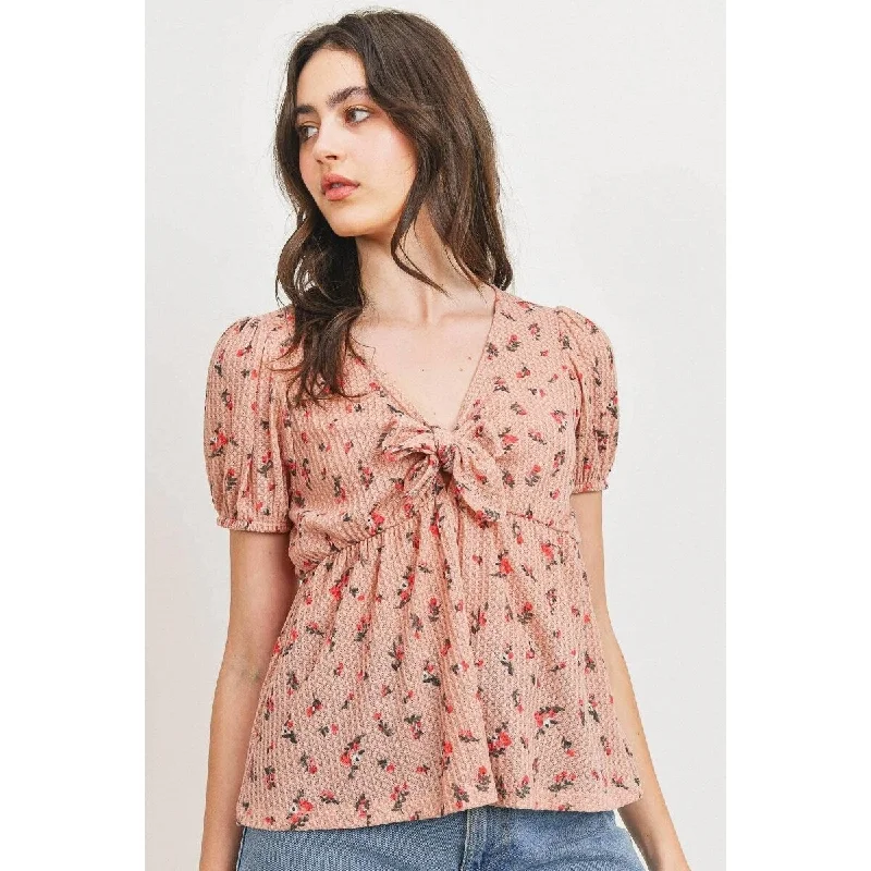 Front Tie Floral Polyester Waffle Top with Peplum Hem Cool Women's Distressed