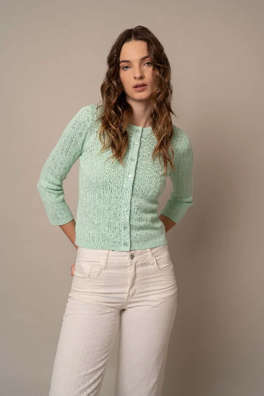 Pointelle Novelty Crew Neck Cardigan British Gentlewoman Style