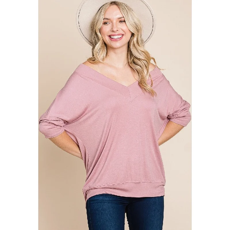 Soft Solid Rib Modal Top with 3/4 Dolman Sleeves Casual & Comfortable Style Sporty Women's Tennis Soft Solid Rib Modal Top with 3/4 Dolman Sleeves Casual & Comfortable Style Sporty Women's Tennis