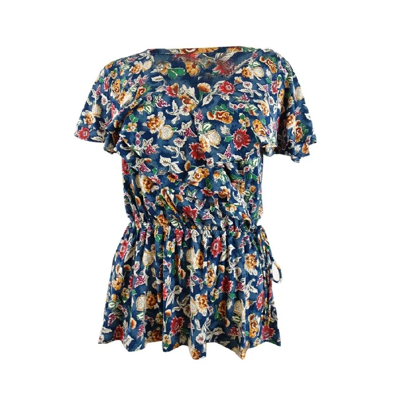 Lauren Ralph Lauren Women's Floral Jersey Surplice Top (S, Blue/Red Multi) performance Lauren Ralph Lauren Women's Floral Jersey Surplice Top (S, Blue/Red Multi) performance