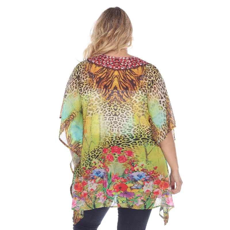 White Mark Women's Plus Size Animal Print Caftan with Tie-up Neckline Hip Women's Retro White Mark Women's Plus Size Animal Print Caftan with Tie-up Neckline Hip Women's Retro