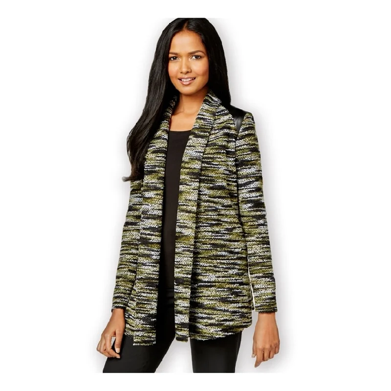 ECI New York Womens Faux-Leather Boucle Cardigan Sweater, Green, X-Small Relaxed Women's 