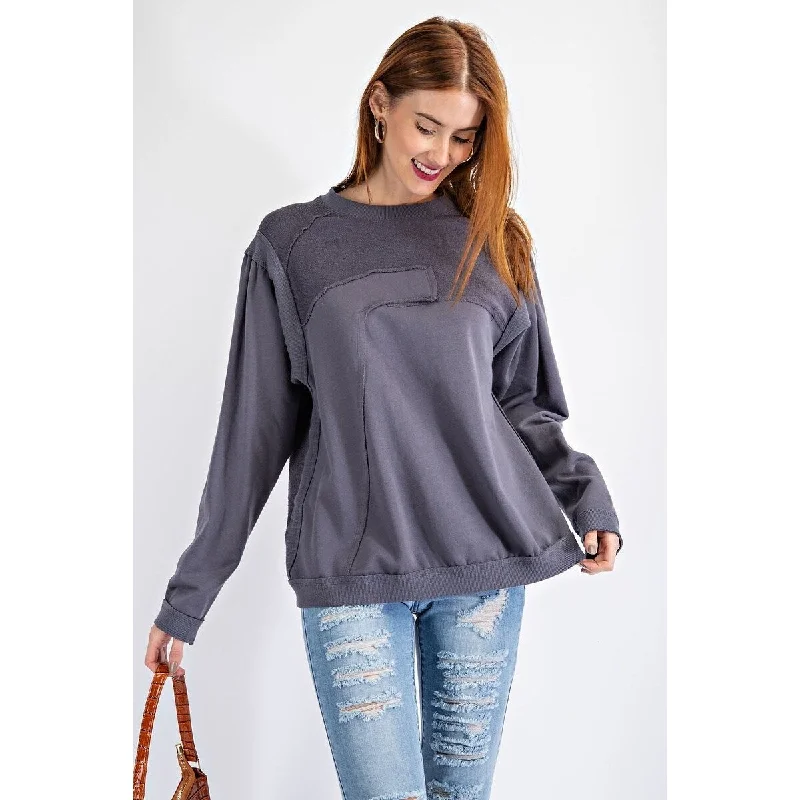 Long Sleeves Round Neck Terry Knit Loose Fit Pullover Monochromatic Office Style
