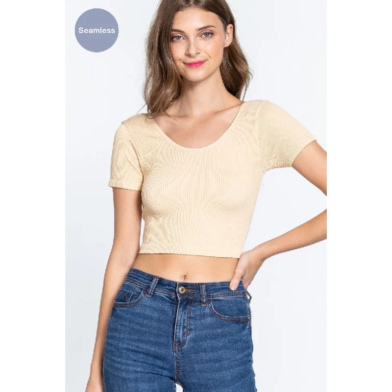 Nylon Cross Back Rib Seamless Crop Top Dynamic Women's High - energy
