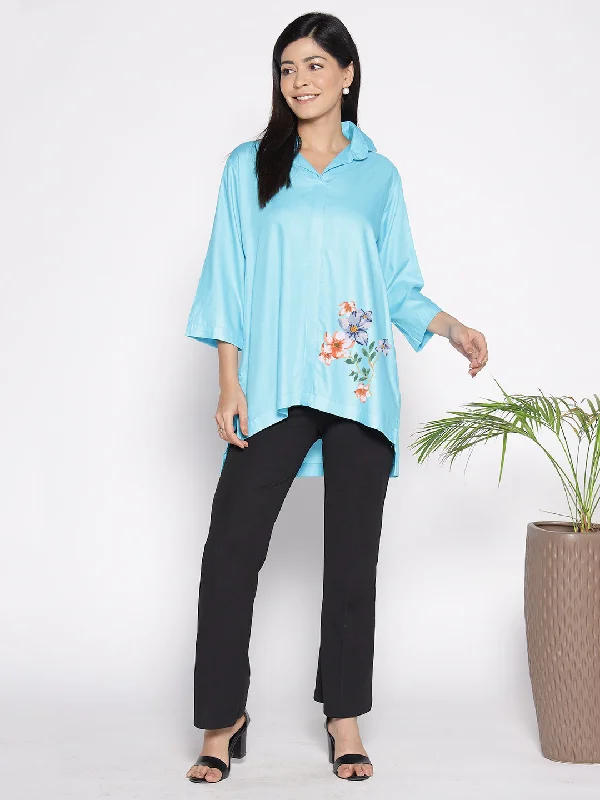 Turquoise Rayon ShirtTop - Astilbe Refined Women's Classic 