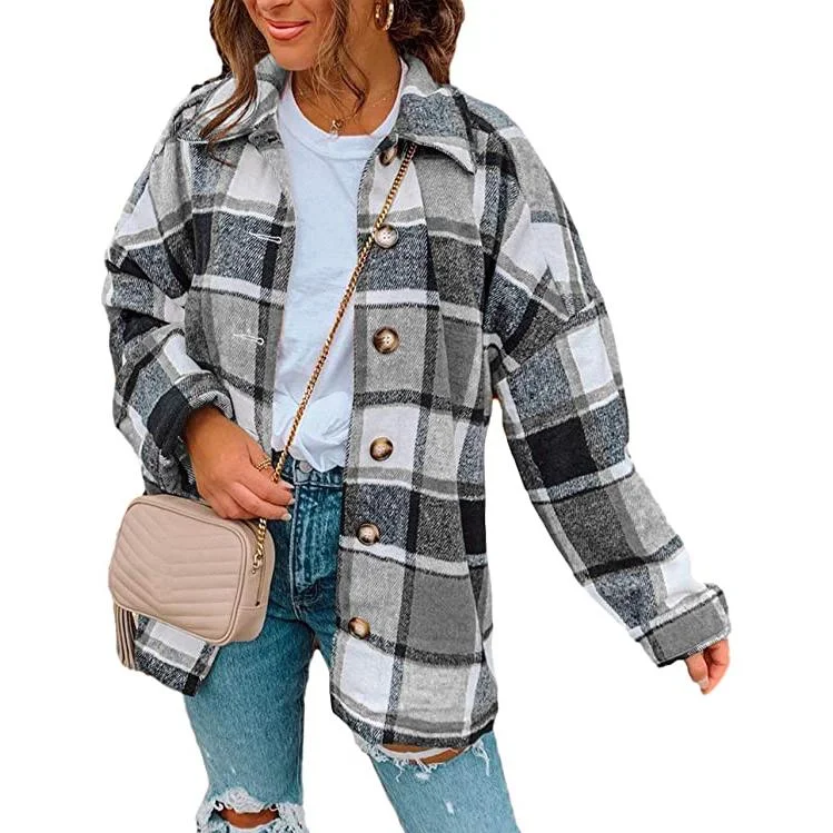 Women's Casual Woolen Long Sleeve Button Down Plaid Jacket Cool Women's Skate