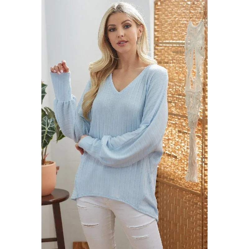 Powder-Blue Ribbed V-Neck Rayon Long Sleeve Top Artistic Women's Hand - painted