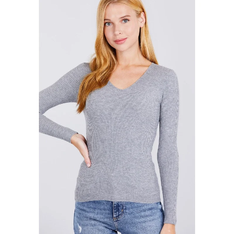 Long Sleeve V-Neck Rib Sweater Sporty Women's Athleisure 