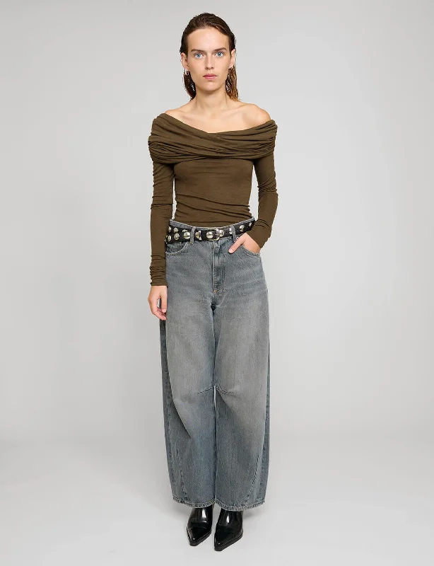 Brown Off-the Shoulder Draped Top Cool Women's Distressed