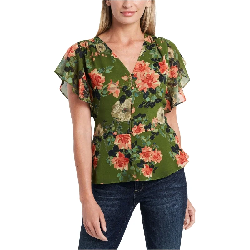 Vince Camuto Womens Floral Print Flutter Sleeve Peplum Blouse, Green, X-Small Luxurious Women's High - end Vince Camuto Womens Floral Print Flutter Sleeve Peplum Blouse, Green, X-Small Luxurious Women's High - end