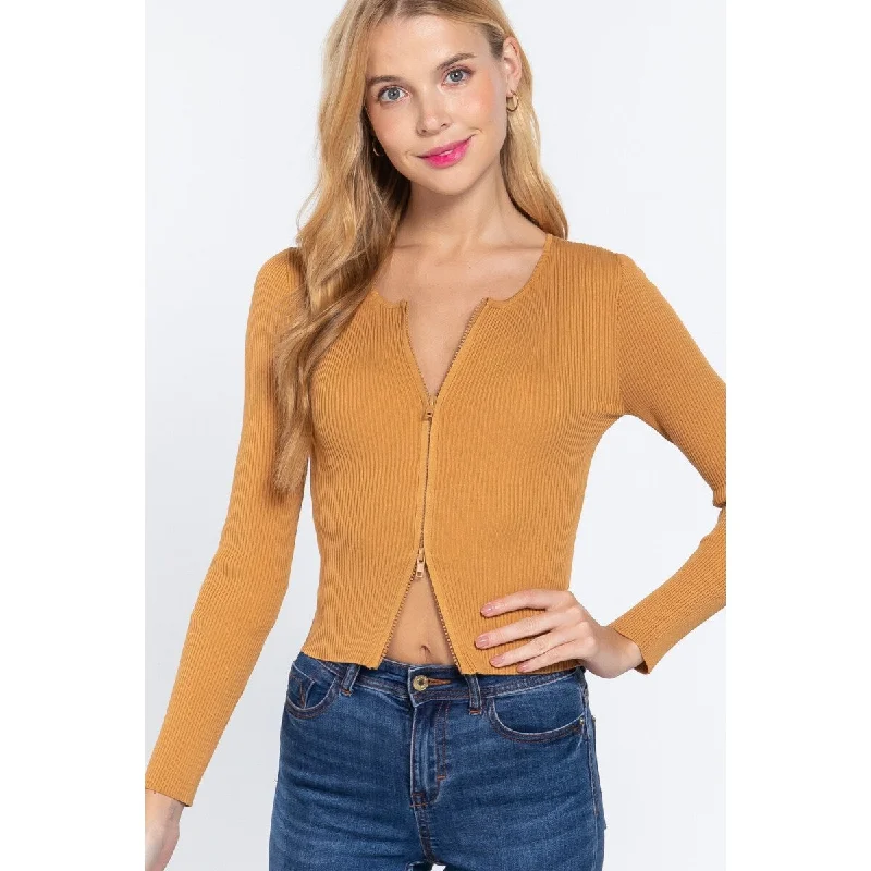 Rayon Rib Sweater Top with Front Zipper Earthy Women's 