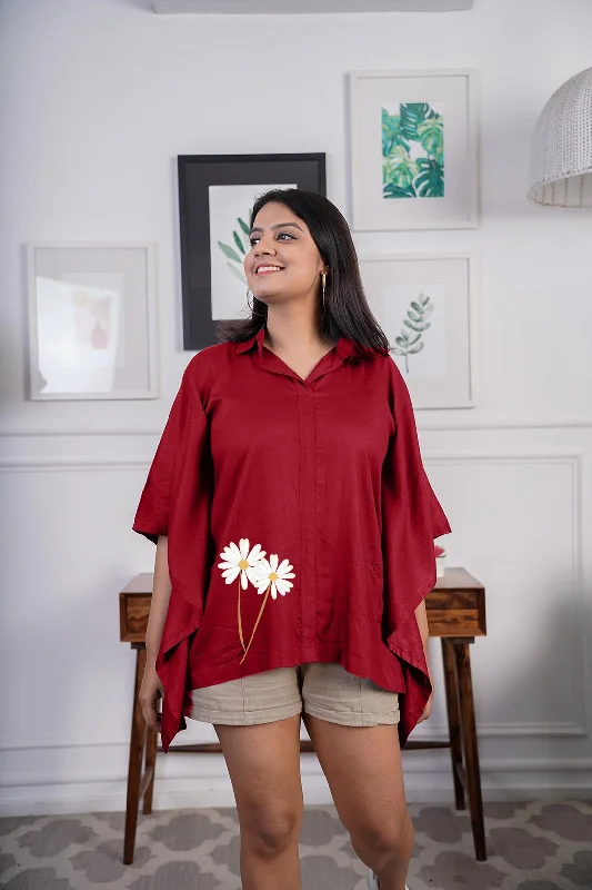 Maroon Kaftan Top - Daisy Artistic Women's Hand - painted