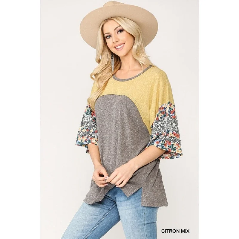 Colorblock Knit And Floral Print Mixed Top With Dolman Sleeve Polished Women's Silk