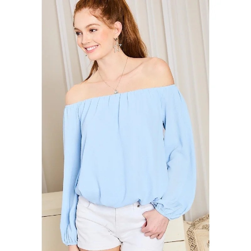 Solid Polyester Off-Shoulder Long Bubble Sleeve Top Traditional Women's Wool