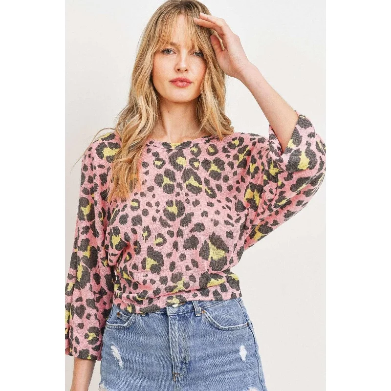 Pink Multi Leopard Knit Back Opened Short Sleeve Top Geometric