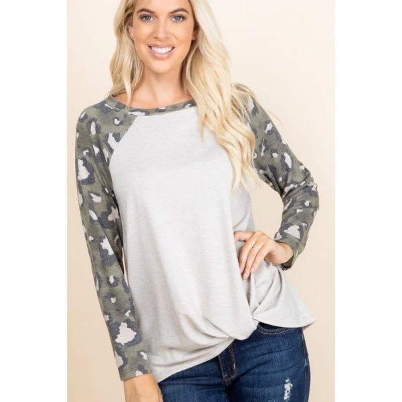 Casual French Terry Side Twist Top With Animal Print Long Sleeves Modern Women's 