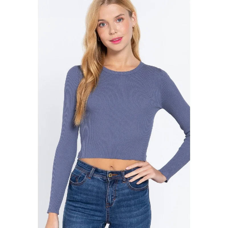 Long Sleeve Open Back Sweater Top With Crew Neck Relaxed Women's 