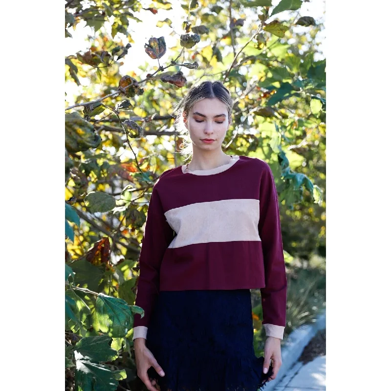 Burgundy Colorblock Long Sleeve Crop Top Rugged Women's Outdoor 
