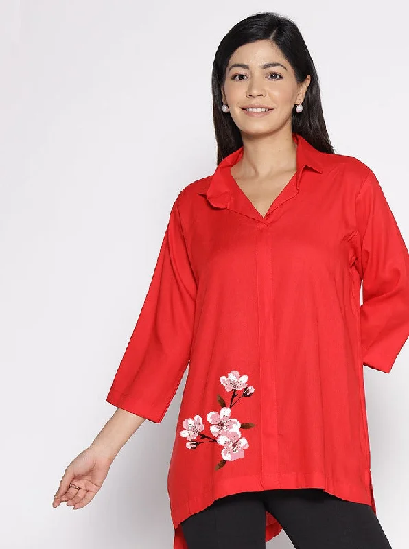 Red Rayon ShirtTop - Girassol Monochromatic Office Style