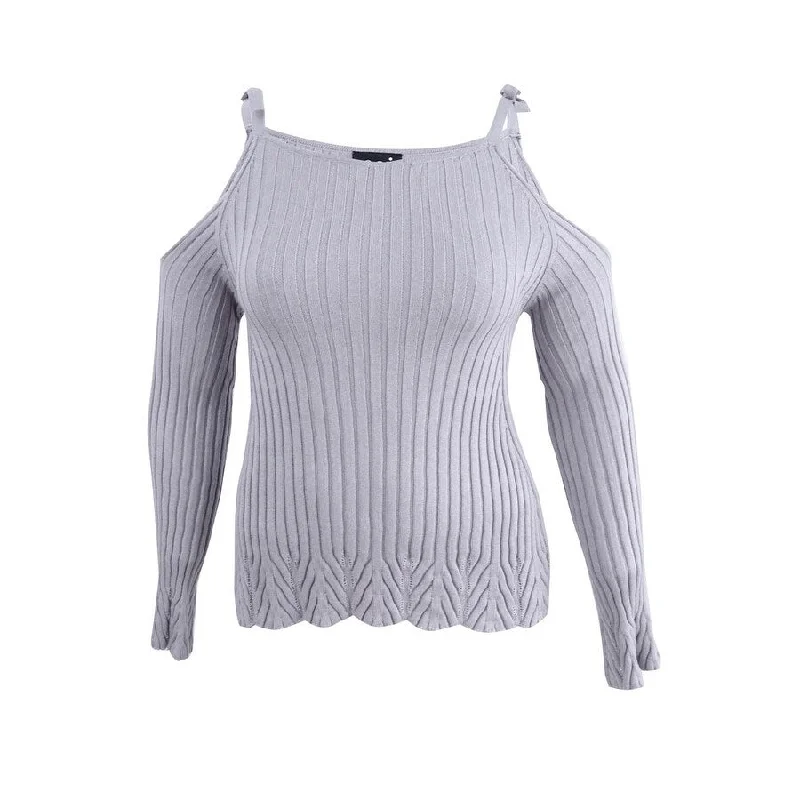 ECI New York Women's Cold Shoulder Sweater L, Light Grey Preppy Women's College
