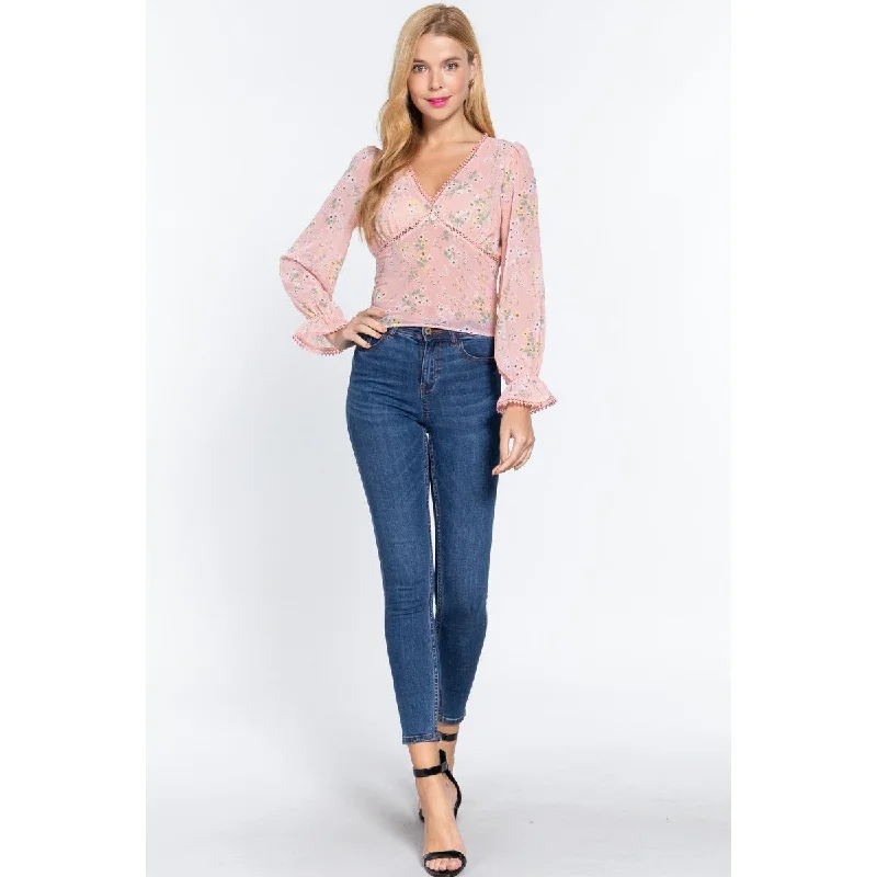 Ruffle Sleeve Floral Print Chiffon Top Refined Women's Velvet